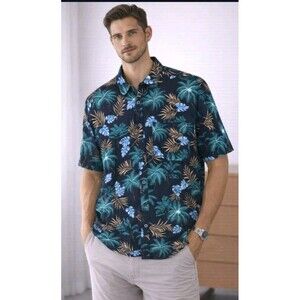 Hisdern Men's Leaf Print Shirt Sz XL 17.5  Button Pocket Short Sleeve Cotton